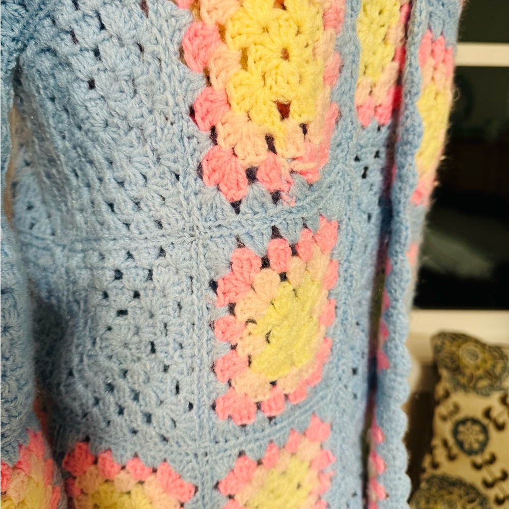 Vintage 2 PC Crochet Cardigan Sweater - Blue, Pink, Yellow - Picture 2 of 4